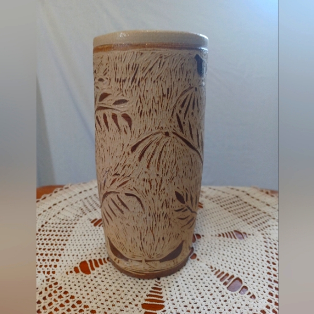Hand Carved Ceramic Vase/ Birds Motive/Tree. 9" Beautiful Pottery/color brown